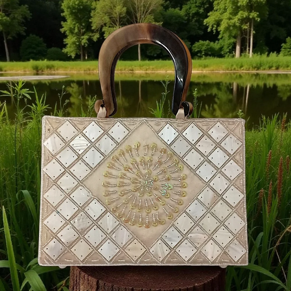 Mod by Design Mother of Pearl Mosaic Bag   Beaded Satin Lucite‎ Handles MCM Vtg